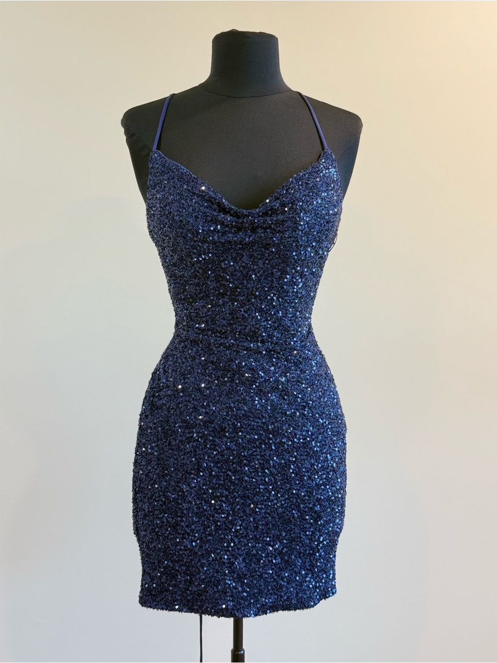 La Femme Navy Blue Sequin Cowl Neck Mini Dress